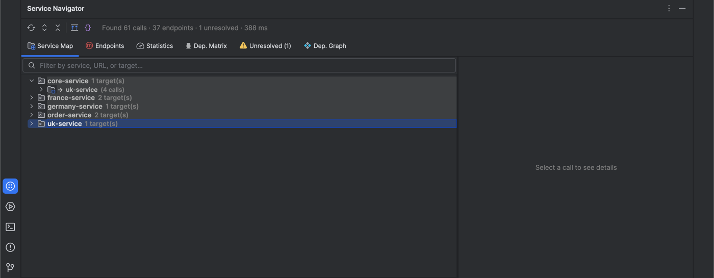 Service Navigator tool window Service Map tab listing core-service, france-service, germany-service, and uk-service — discovered from a base-directory External Repo Paths entry — alongside order-service from the primary project, in one unified tree