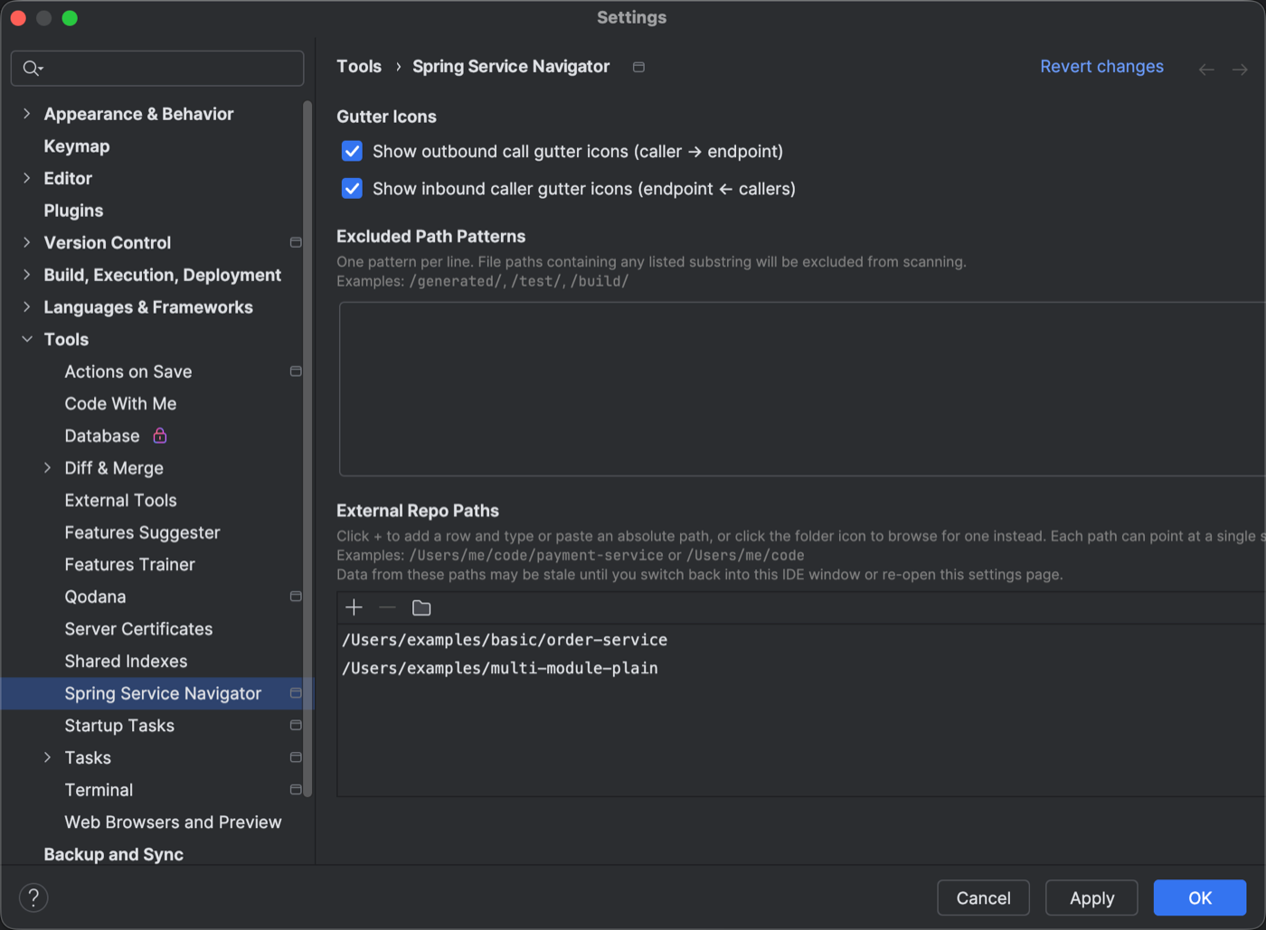 Spring Service Navigator settings page with the External Repo Paths list showing an individual repo path row and a base-directory row, the plus, folder-browse, and minus toolbar buttons visible above the table